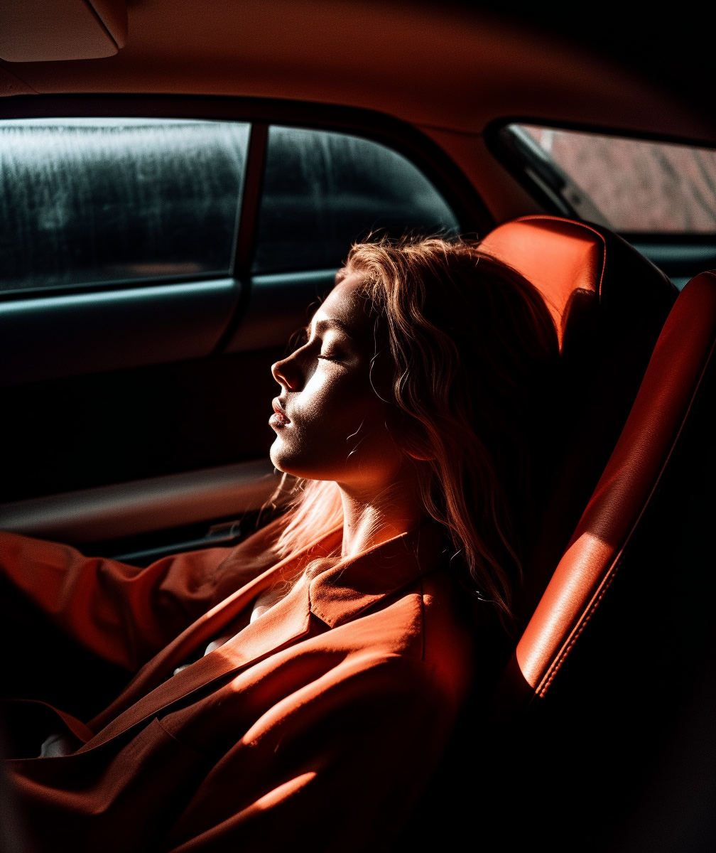 AI-generated image of a girl in a car with sunlight casting shadows on her face, demonstrating light sources and shadows with Midjourney