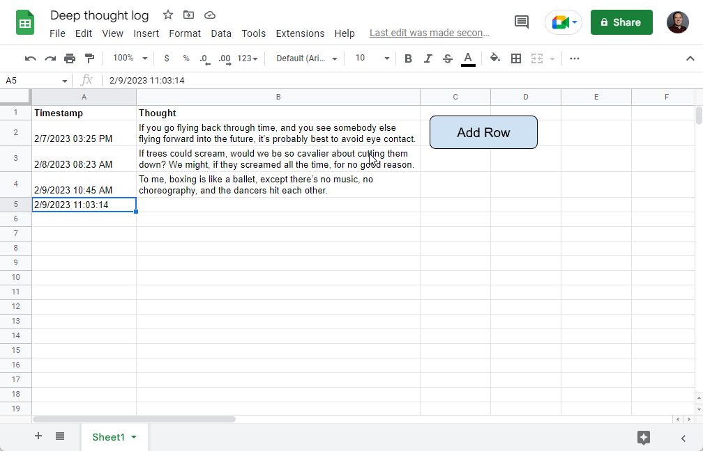 Screenshot of the spreadsheet after the button was clicked, with the new row added.