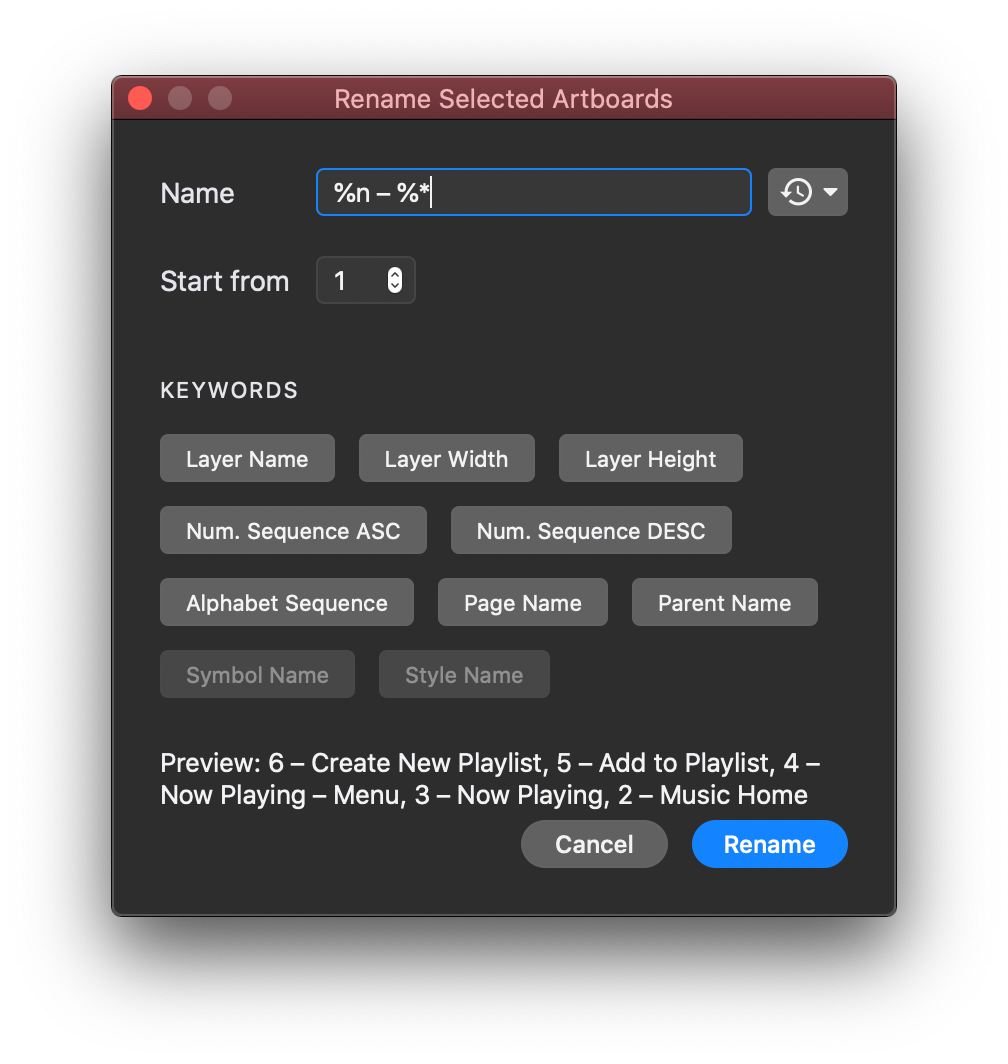 A window of the plugin “Rename It” showing various options for renaming artboards