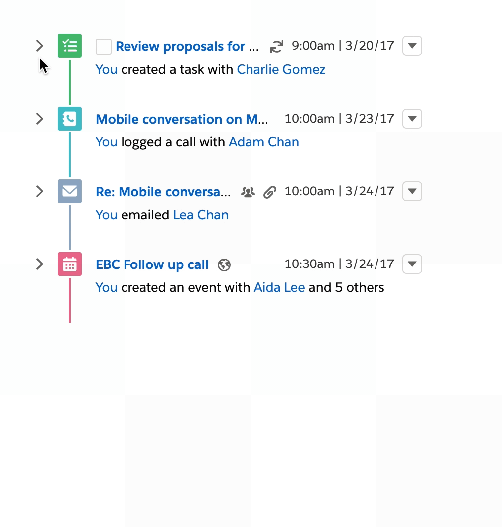 Animation of an activity timeline, which shows how a user can expand each section to reveal more details.