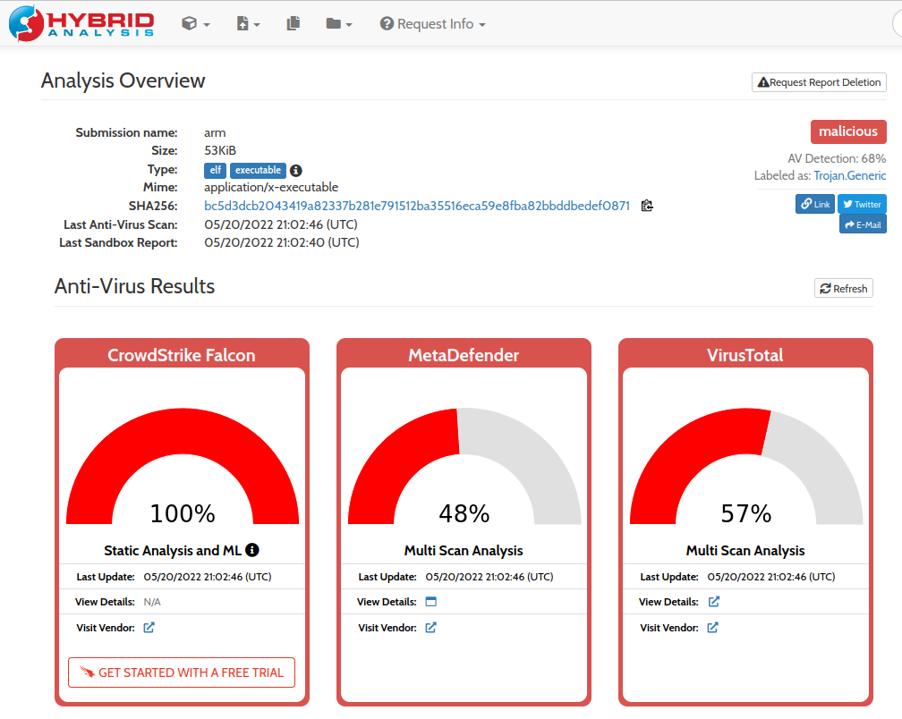 The screenshot from the webpage shows that arm is an elf executable; that Crowdstrike Falcon gives a rating of 100% malicious, MetaDefender 48%, and VirusTotal 57%. The malware is labeled Trojan.Generic