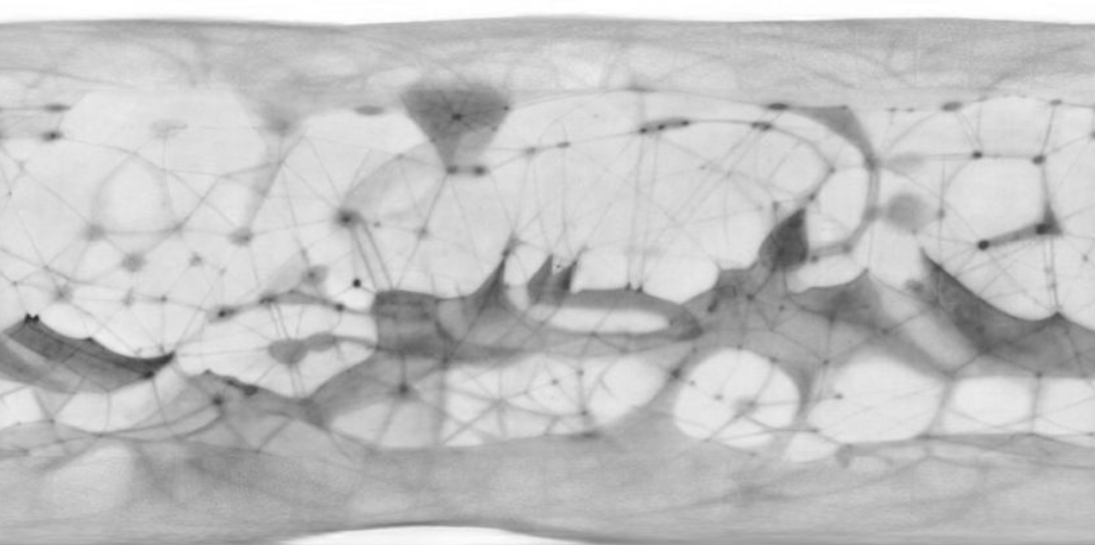 A blurry map of Mars, showing dark areas connected by lines.