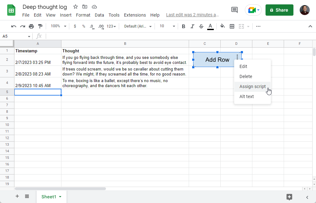 Screenshot of the spreadsheet, using the three dots menu on the drawing to assign a script.