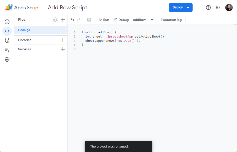 Screenshot of the Apps Script code editor, with the code to add a new row.