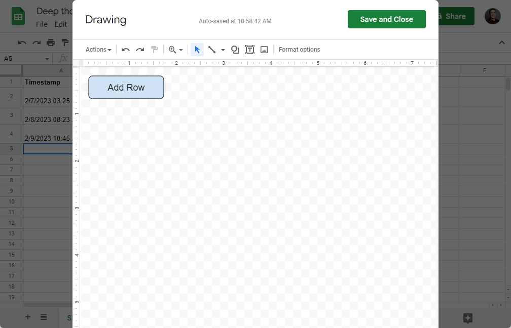 Screenshot of the Google Drawings editor open in a spreadsheet.