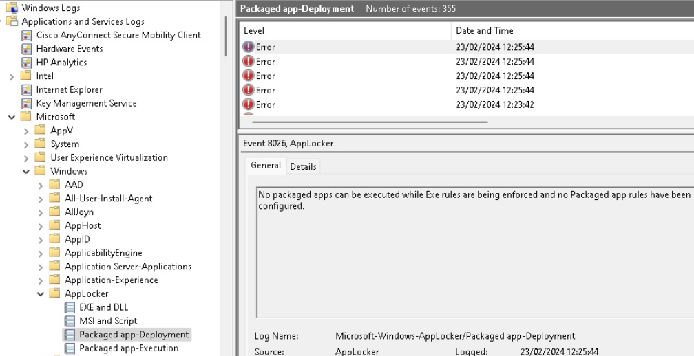 Screenshot of “Event viewer” panel showing AppLocker errors.
