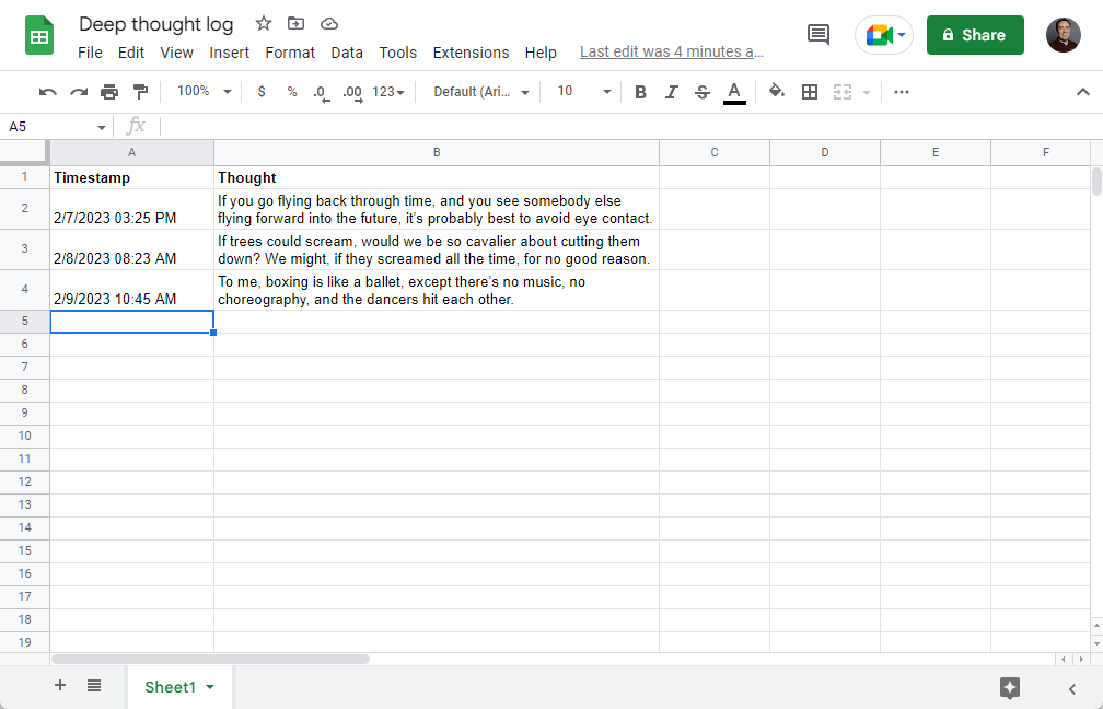 Screenshot of a spreadsheet called “Deep thought log”.