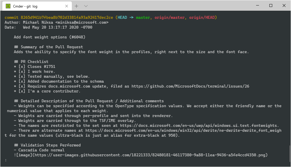 Windows Terminal final result (git log)