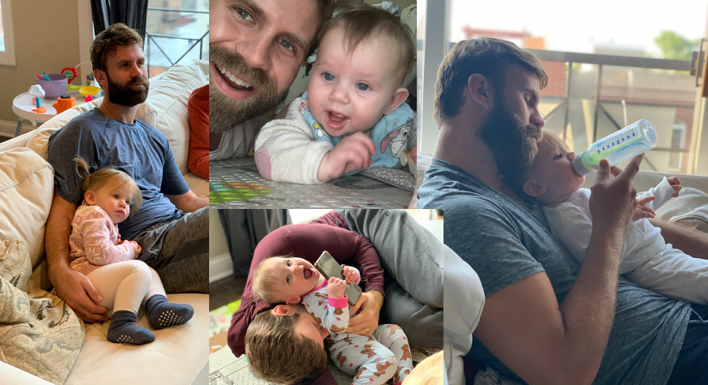 Four pictures of my husband interacting with our daughter Charlotte: Playing with her, cuddling with her, and feeding her a bottle.