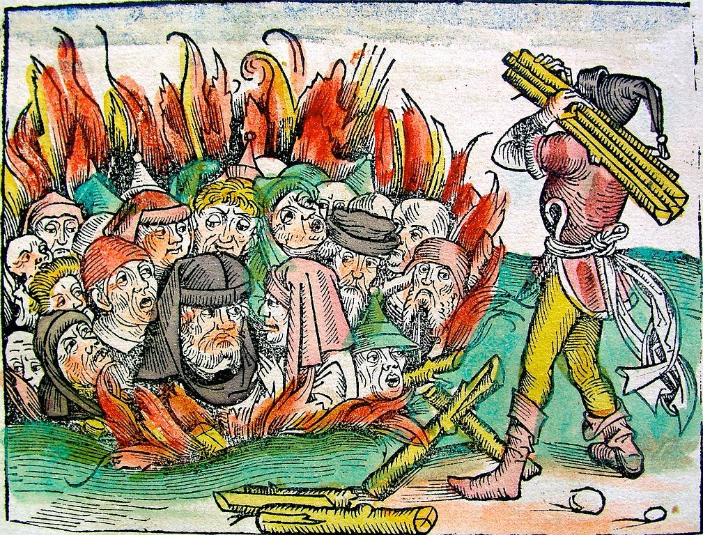 15th century woodcut showing Jews burned alive.