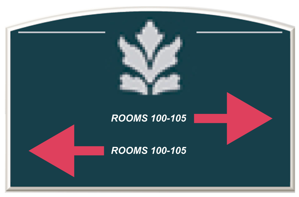 A sign that gives directions to different room numbers, but the room numbers are small and the arrows are large and red.