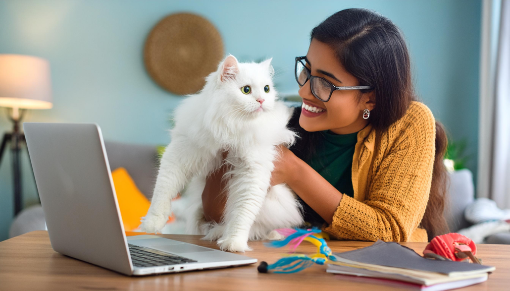 Image generated from the prompt: “an Indian woman working from home in comfortable simple clothes, age 25–30, playing with her pet white cute Persian cat in a cozy home. Her laptop is visible, cat seems happy and pleased, some cat toys are kept on the table.