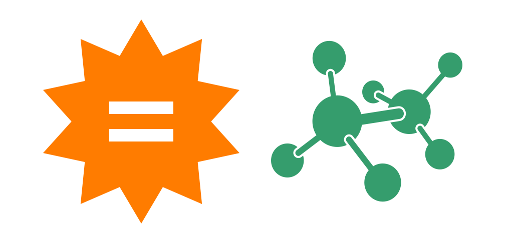Equals sign in orange star shape with a molecule to the right