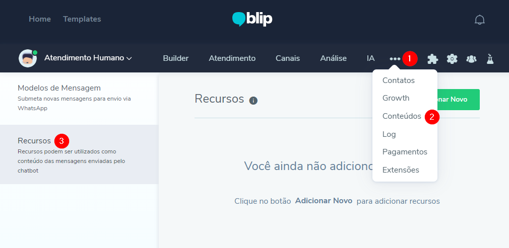 Acessando o módulo de Recursos no Blip ([…] > Conteúdos > Recursos)