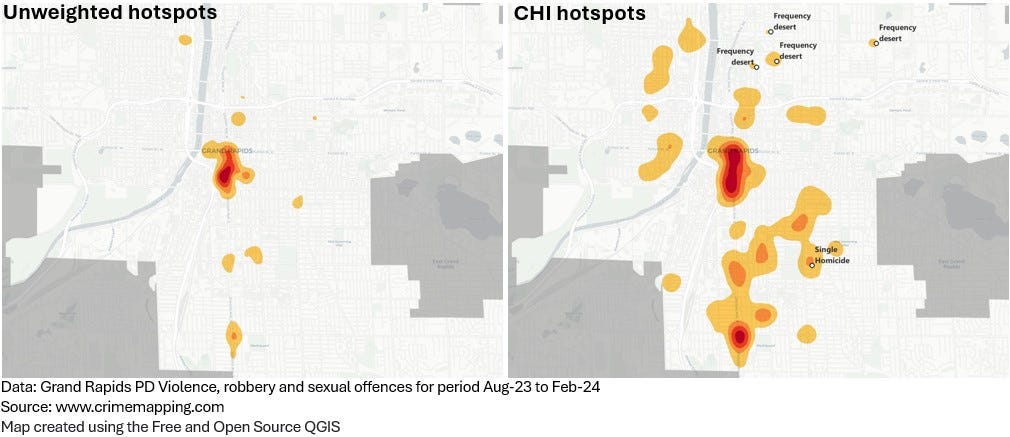 Two hotspots maps, left using unweighted counts, right using weighted counts and labels to highlight high harm low frequency hotspots