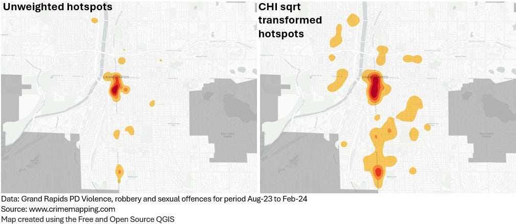 Two crime hotspots maps, one unweighted, one using square root transformation of weighted values