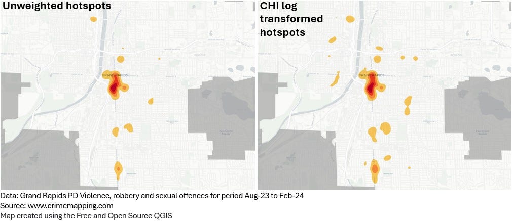 Two hotspot maps of crime, left side unweighted, right side weighted with log transform