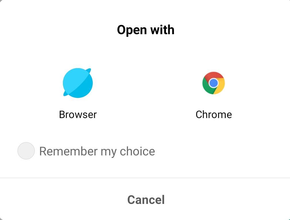 Image showing a OS native dialog that asks the user to choose between Chrome app or Browser app