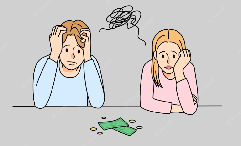 A cartoon illustration of a sad man and woman counting little money. #sidehustles #additionalincome #earnmoney #finance