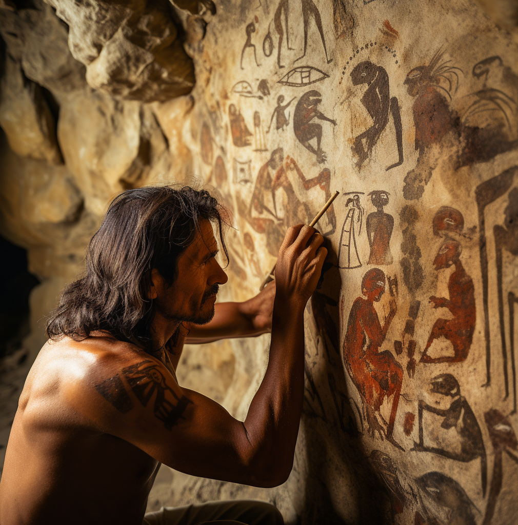 Pre-historic man paints on a cave wall.