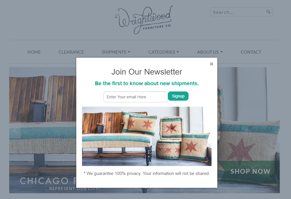 Wrightwood Furniture's newsletter popup