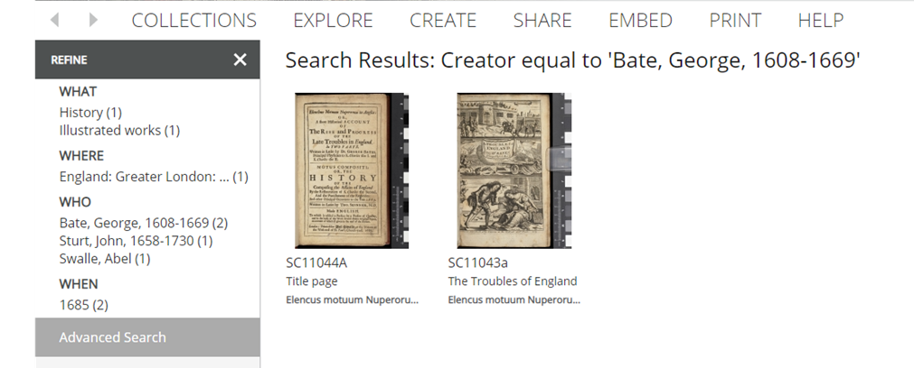 Screenshot of search results for the creator George Bate.