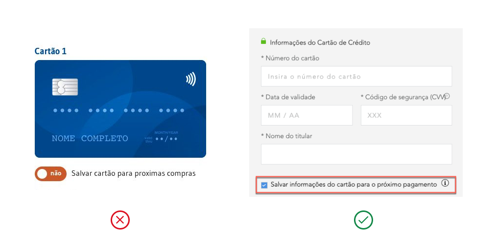 À esquerda, opção de salvar cartão para próximas compras com o uso de um toggle switch. A direita, a mesma opção, mas com um single checkbox