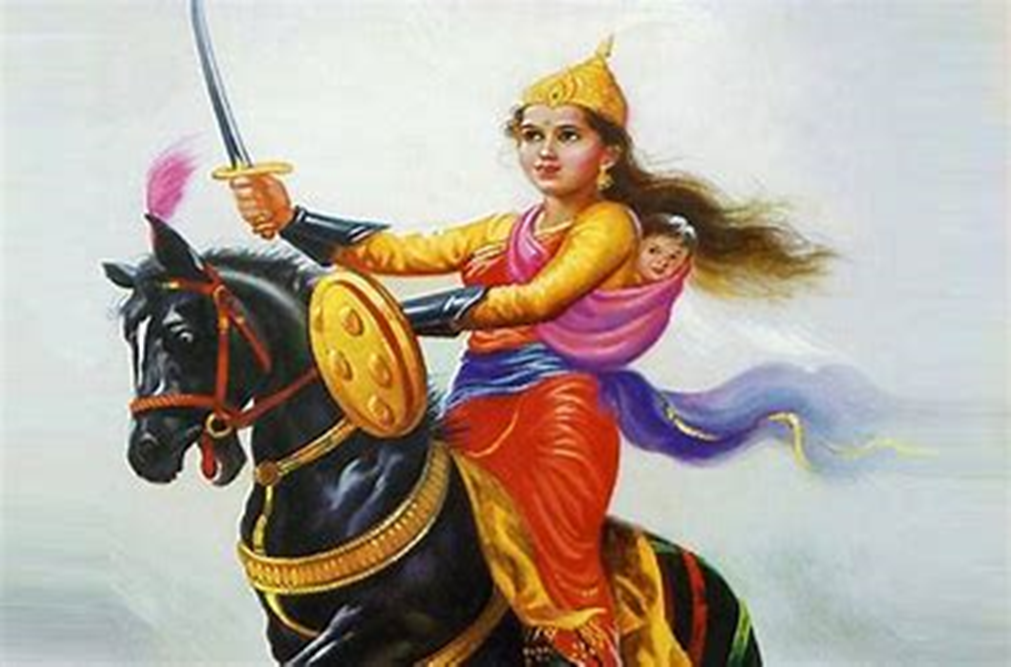 Rani Laxmibai riding a horse with her son tied behind her back
