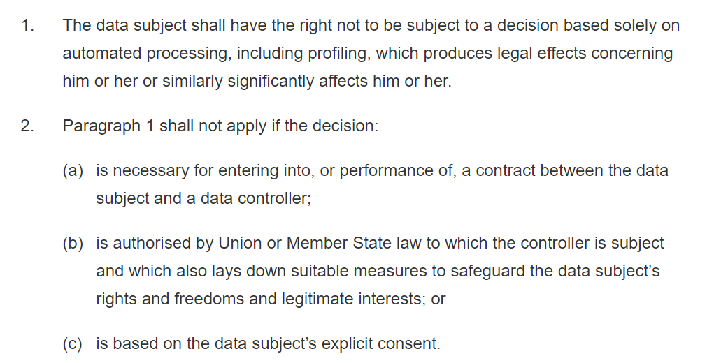 A part of Article 22 of GDPR about an individual’s right not to be subject to data processing except with explicit consent.