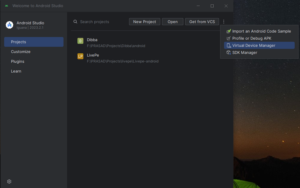 Android Studio Virtual Device Manager Page