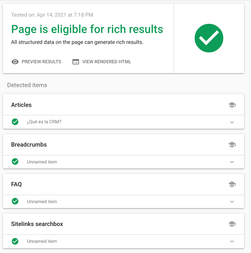 Google rich result tester tool screen saying the page is eligible for rich snippets.