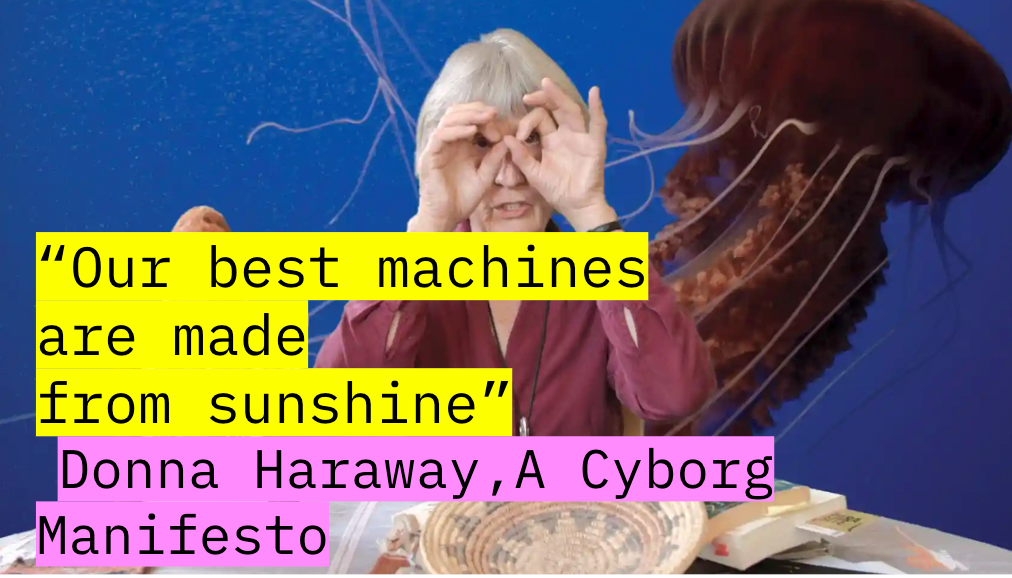 A white woman (Donna Haraway) holding her hands to her eyes, with an octopus floating past, and some text overlaid that says, “Our best machines are made from sunshine”