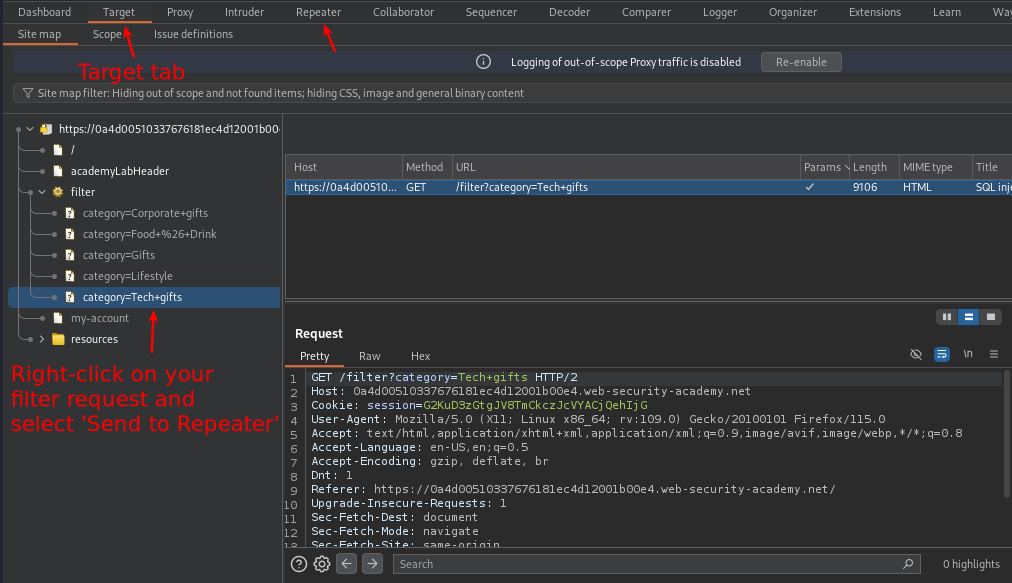 Burp’s target tab showing site map of the lab and where to find the request needed to send to repeater.