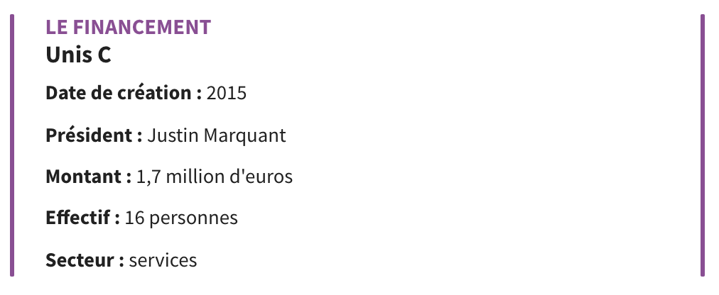 LE FINANCEMENT Unis C Date de création : 2015 Président : Justin Marquant Montant : 1,7 million d’euros Effectif : 16 pers