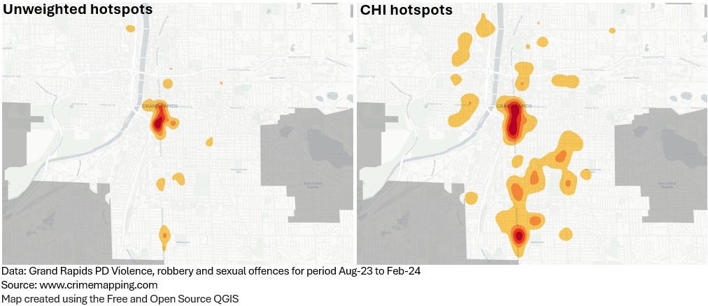 Two crime hotspot maps, left using counts, right using Cambridge Crime Harm index weighting