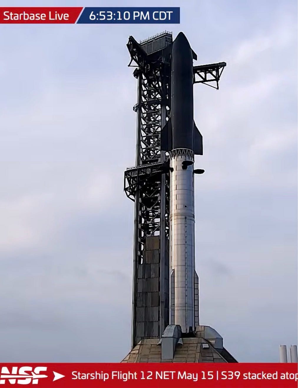 Starship 12 launch May 15. Ready to be 1st 100% reusable line of ships
