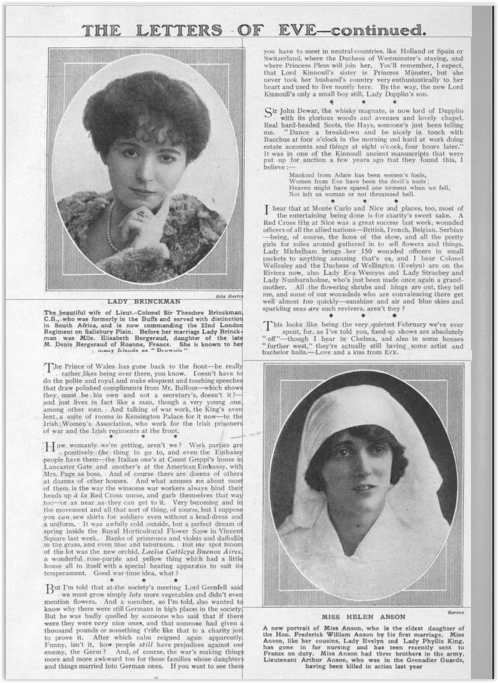 During WWI, Letters of Eve showed many society women in nurse’s garb, which is reflected in my historical fiction work, Roseleigh