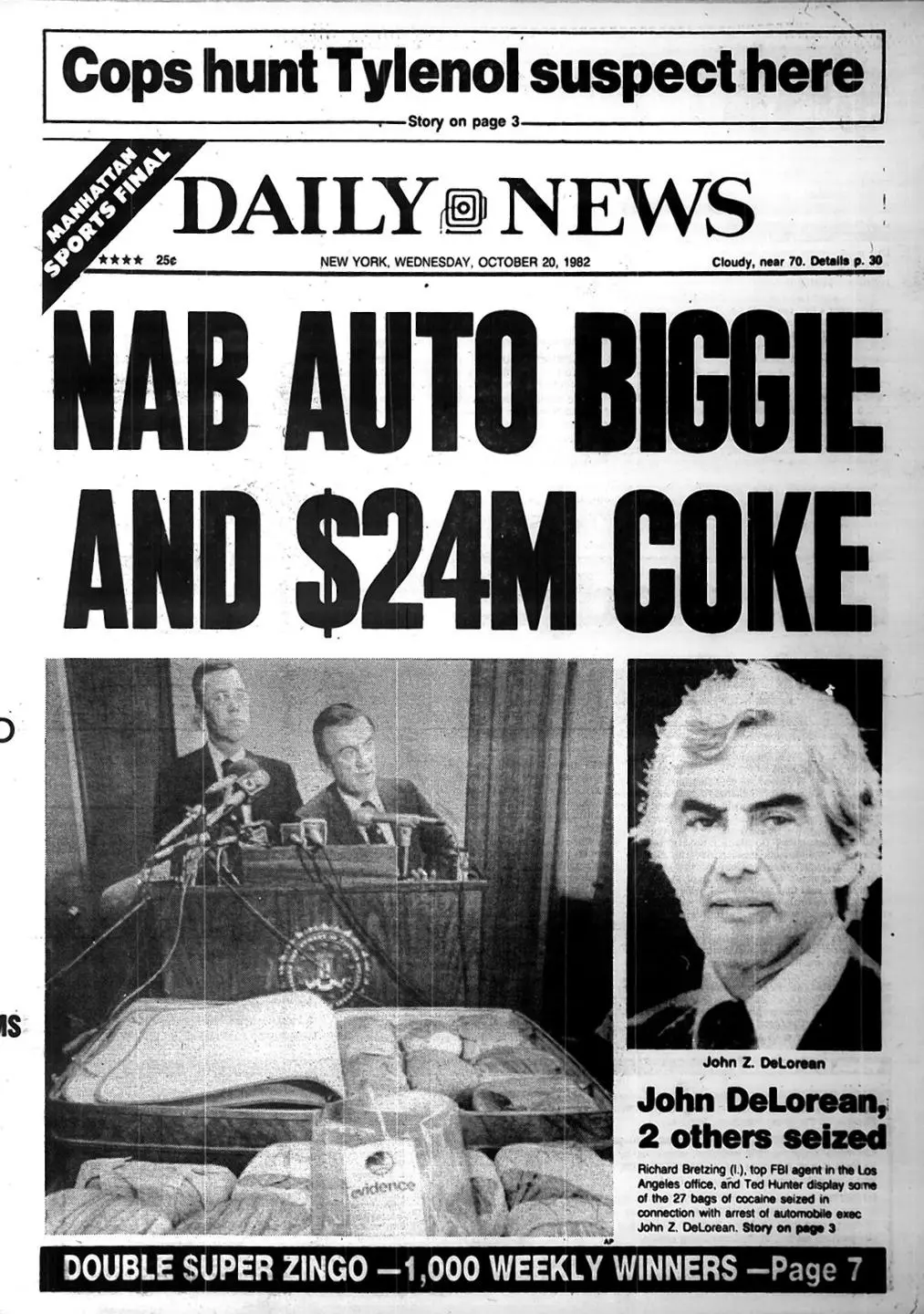 Portada de periódico con el titular “Detienen a Magnate Automotriz y Confiscan 24 Millones de Dólares en Cocaína”, reflejando el impacto del arresto de John DeLorean en la historia de la industria automotriz.