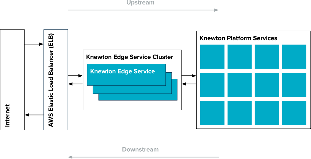 The edge service is Knewton’s interface to the public internet. It is registered directly with an AWS Elastic Load Balancer (ELB), and is responsible for sanitizing and routing requests for the Knewton Platform. To maintain high availability, our edge service runs as a cluster. On startup, edge service nodes register themselves with the load balancer, which then distributes requests across the cluster.