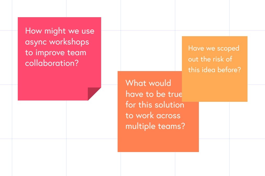 3 post-it notes with questions about async workshops: How might we use async workshops to improve team collaboration? What would have to be true for this solution to work across multiple teams? Have we scoped out the risk of this idea before?