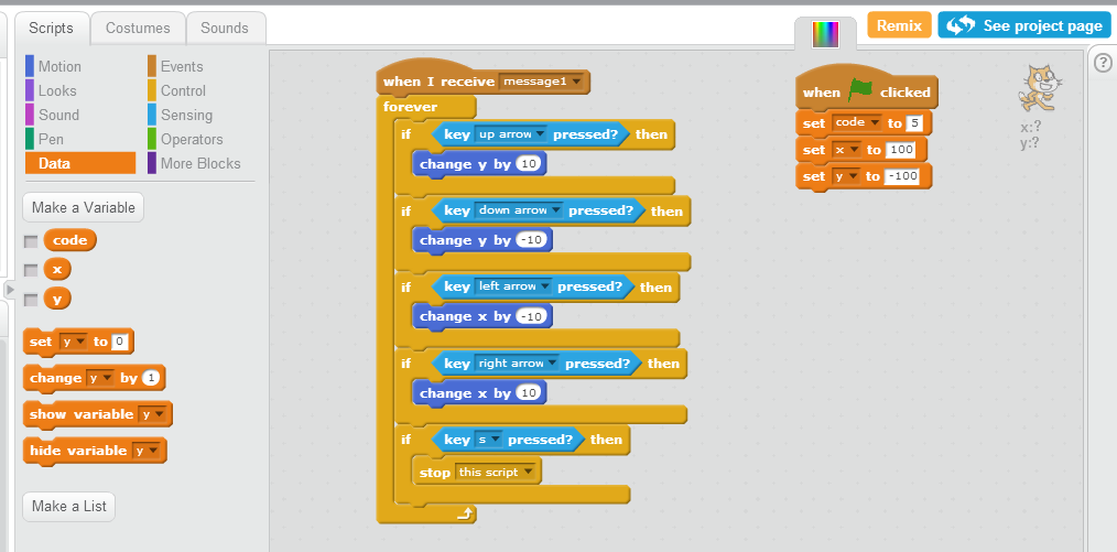 Scratch MIT editor interface. Shows code that can be assembled using puzzle-like pieces