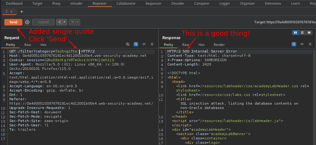Burp repeater showing request and response verifying this may be susceptible to a SQLi using a single quote appended to the filter.