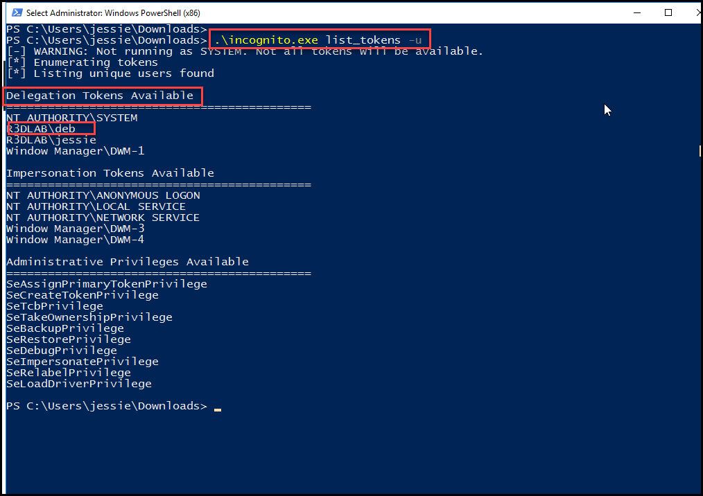 Figure 6 — listing all available tokens with incognito.exe (Token Impersonation — R3duck3t.medium.com)