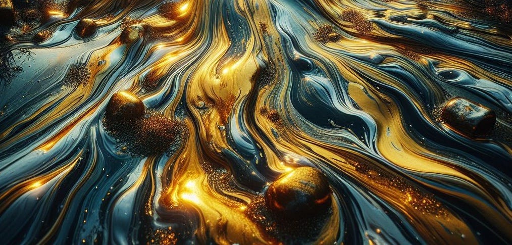 a slick of oily goop with a gold and silver shine