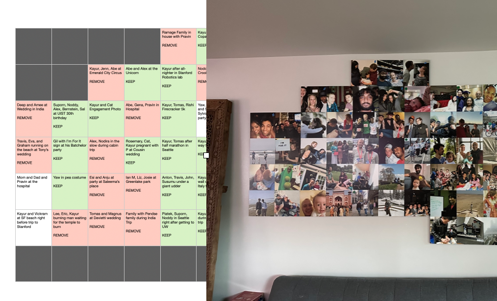 A spreadsheet of my photo wall color coded with photos to keep and move right next to my actual photo wall.