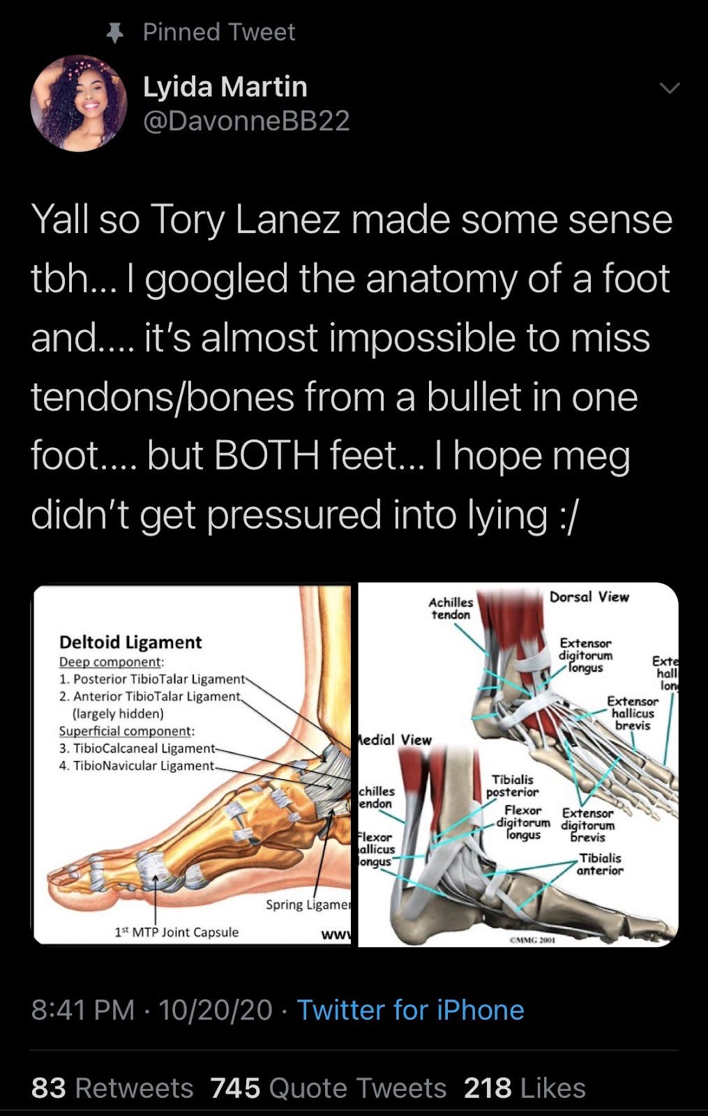 Screenshot of a tweet and two photos of a diagram of the bones in a food. The tweet says “Yall so Troy Lanez made some sense tbh…i googled the anatomy of a foot and… it’s almost impossible to miss tendons/bones from a bullet in one foot..but BOTH feet..I hope meg didn’t get pressured into lying ;/ “