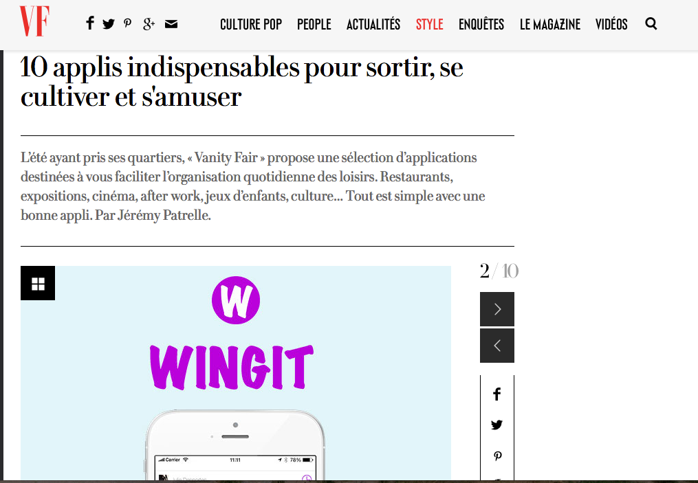 Top 10 app française Vanity Fair Wingit