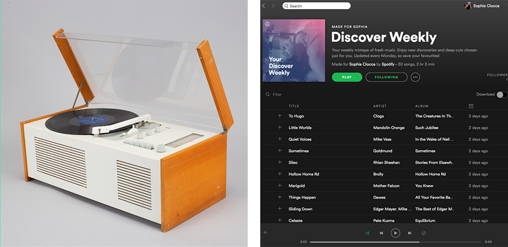 An image of a record player and a screenshot of Spotify